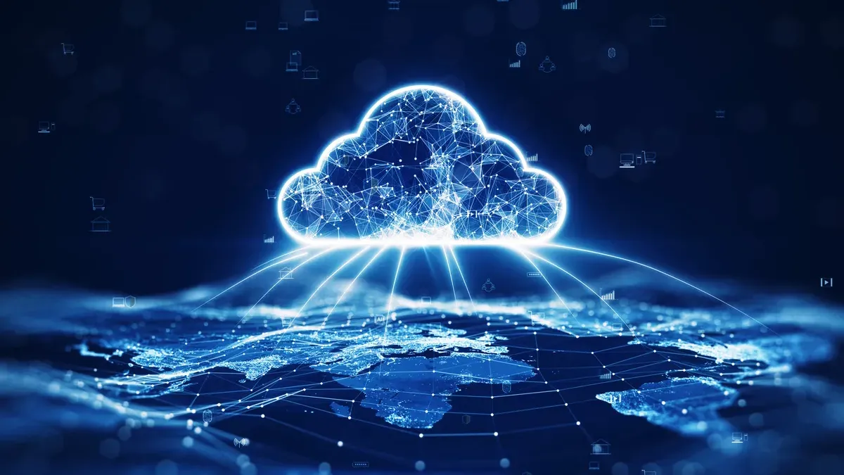 A cloud of connected data points hovering over a networked globe