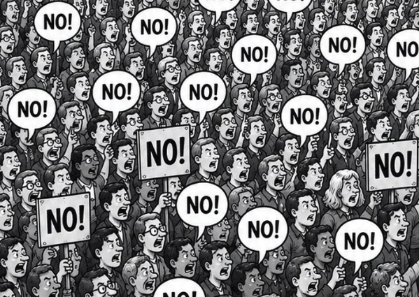 A dense crowd holds up "No!" speech-bubble signs