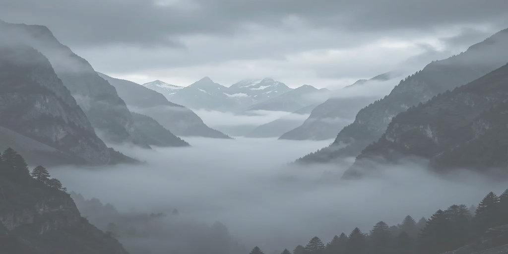 A misty mountain valley at dusk, rendered at 70% opacity