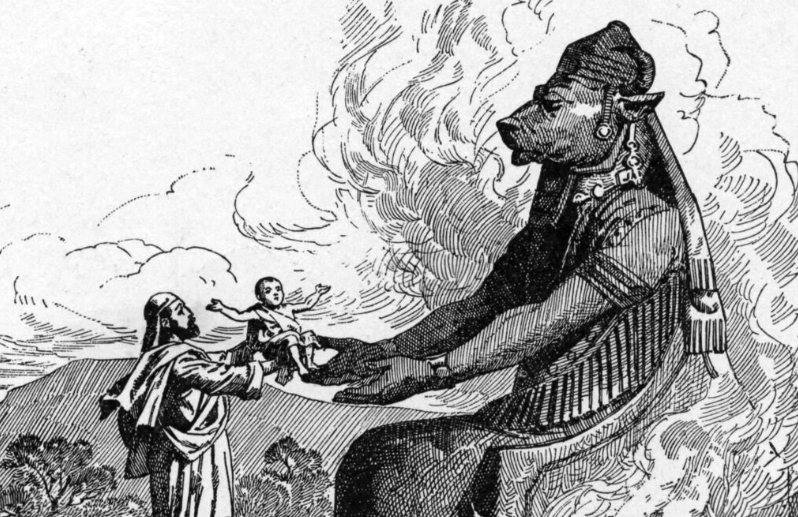 A 19th-century engraving of a parent handing a child to Moloch, a towering bull-headed idol, amid rising smoke and flames
